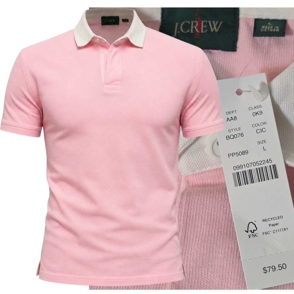 NWT J.Crew Oarsman Candy Pink Cotton Rugby Polo Shirt White Collar Mens L Large